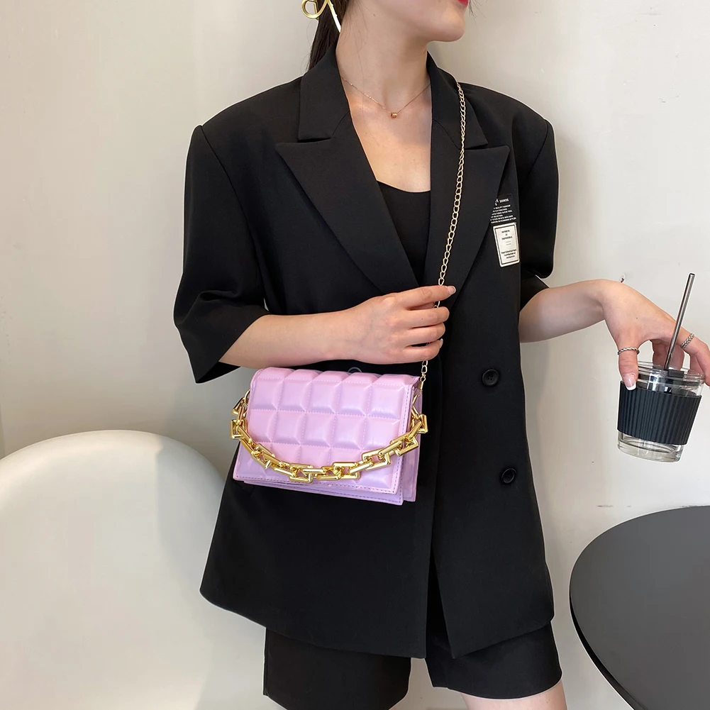 2021 Fashion Women Lattice Pattern Shoulder Bag Thick Chain Bags Female Solid Color Handbag Soft PU Leather Flap Crossbody