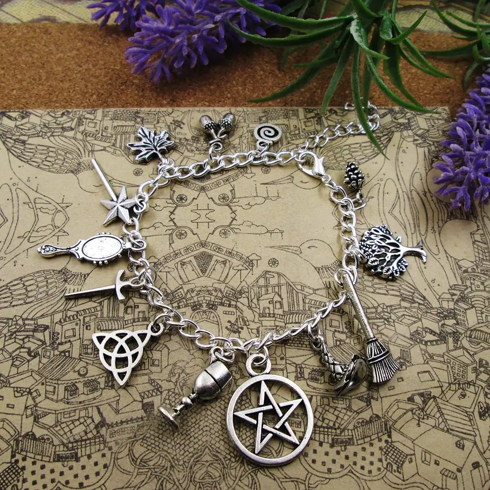 Silver Plated Charm Bracelet ROSE Witch Wicca Acorn Greenman Various Gemstones pendant bracelets