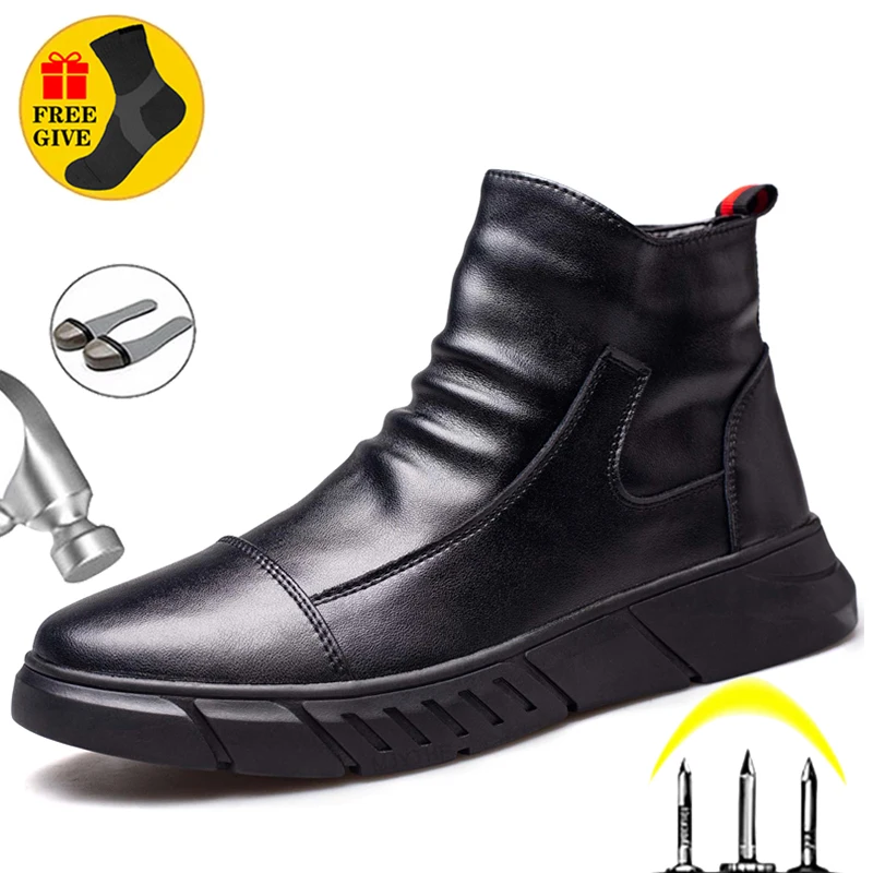 Genuine Leather Men\'s Boots Safety Shoes Men Chelsea Boots Steel Toe Shoes Work Sneakers Indestructible Shoes Security Boots