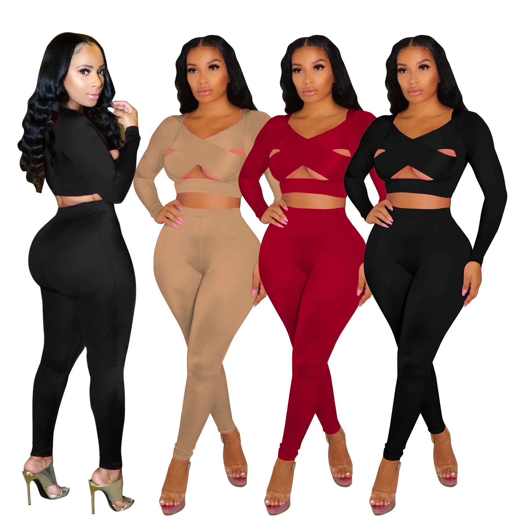 Fall Clothes for Women Sportswear Fitness Cross Strap Cut Out Long Sleeve Crop Top + Leggings Two Piece Set Club Outfits