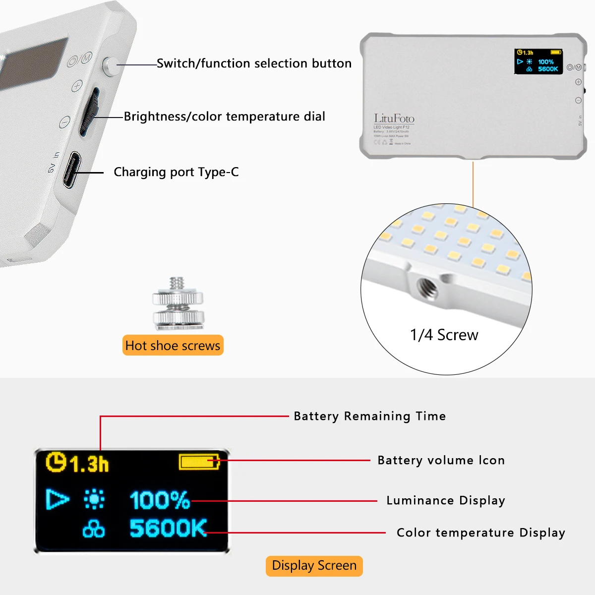 Litufoto para fotografar, transmissão ao vivo tipo-c interface à mão lâmpada de preenchimento 9w 3200k-5600k dupla temperatura de cor luzes led de vídeo