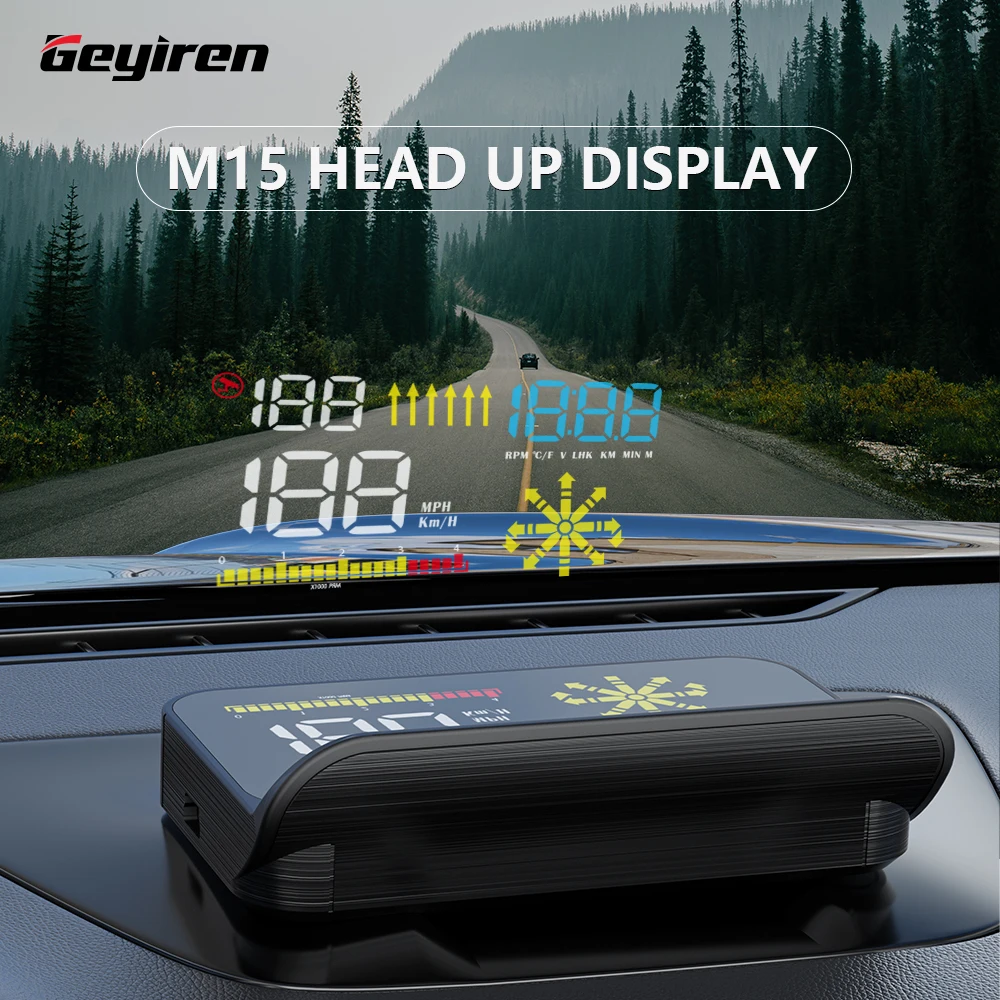 GEYIREN M15 OBD Head Up Display Car OBD2 HUD Navigation Projector Windshield Digital Speedometer Overspeed Alarm Water Temp KM/H