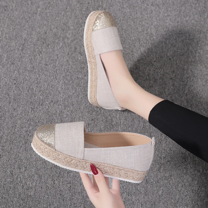 Linen Flamingos Patterns Canvas Shoes Student Women Slip On Ladies Sewing Flax Knitting Espadrilles Female Fisherman Shoes 2021