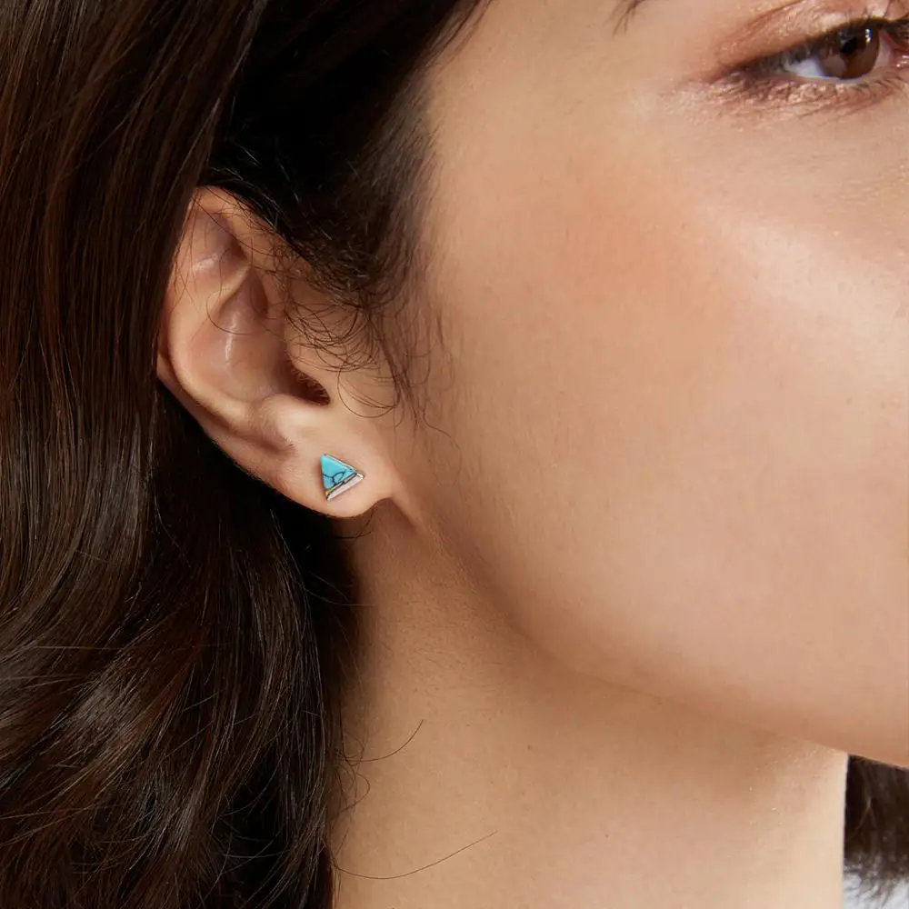 PAG&MAG Solid 925 Sterling Silver Triangle Natural Turquoise Stud Earrings For Women Wedding Bridal Female Fine Jewelry Gift