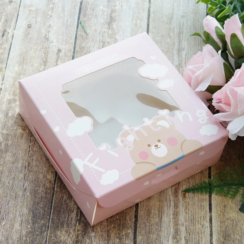 14.4*14.4*5cm Pink Rabbit Bear 10pcs  Macaron Chocolate Paper Box Wedding Favor Christmas Birthday Party Gifts Packaging