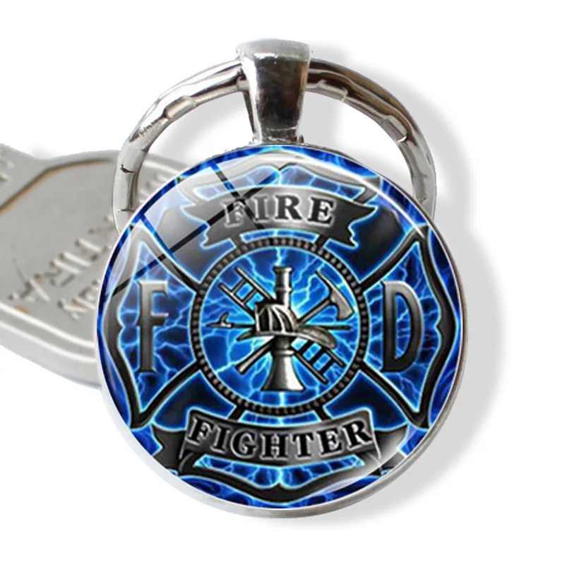 FIMAODZ Firefighter Keychain 25mm Glass Cabochon Fire Fighter Print Alloy Keyring Key Holder