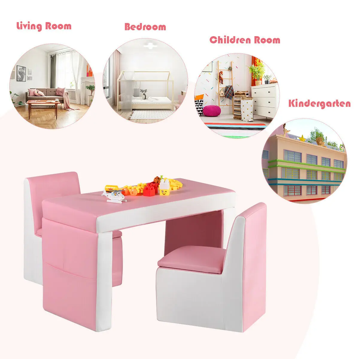 Multi-funktionale Kinder Sofa Tisch Stuhl Set 2 Sitz Couch Möbel W/Lagerung Box HW58620PI