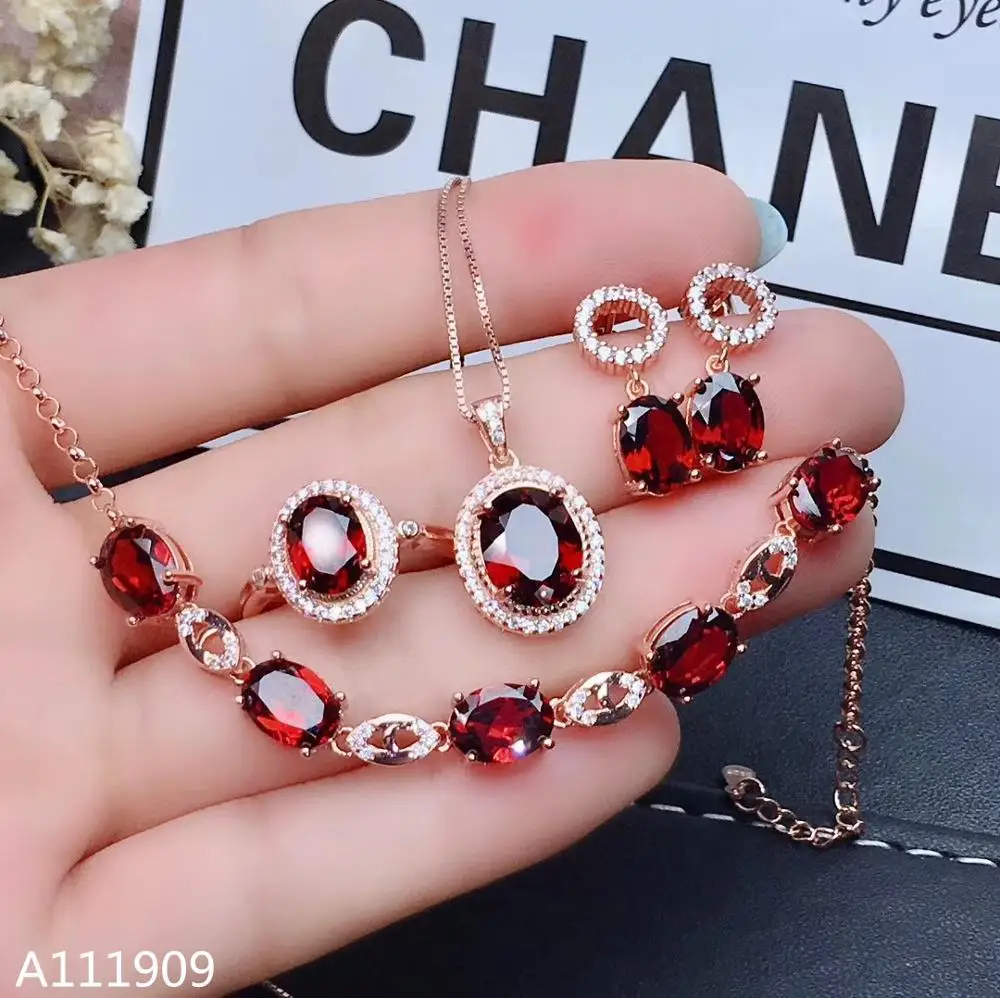 

KJJEAXCMY boutique jewelry 925 sterling silver inlaid Natural Garnet Necklace Ring Earring Bracelet Suit Support Detection