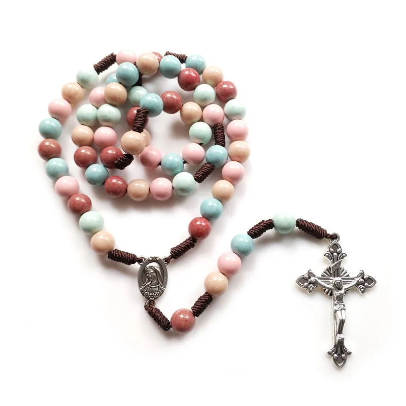 QIGO Vintage Brown Acrylic Rosary Necklace Catholic Jesus Cross Rope Weave Religious Jewelry For Men Women