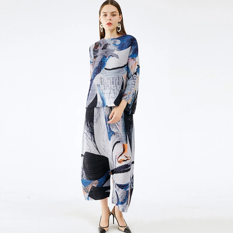 miyake Pleated printed Cross-pants Fashion suit 2021 summer and fall  New Personality Wide Leg Harem Pants folda loose top