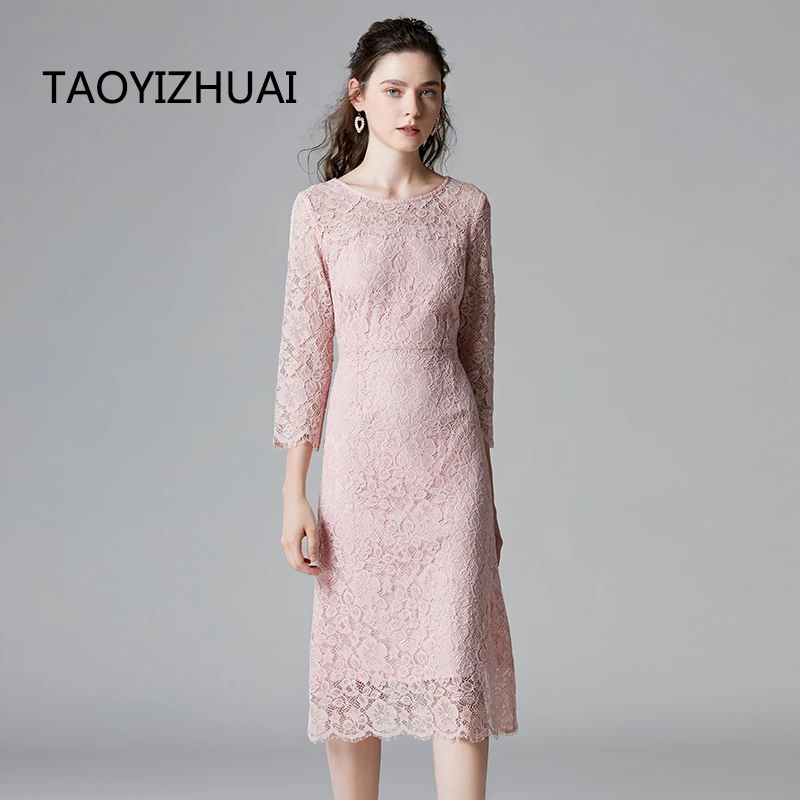 Brand lace dress spring and autumn new plus size French celebrity little fragrance PINK FAIRY DRESS