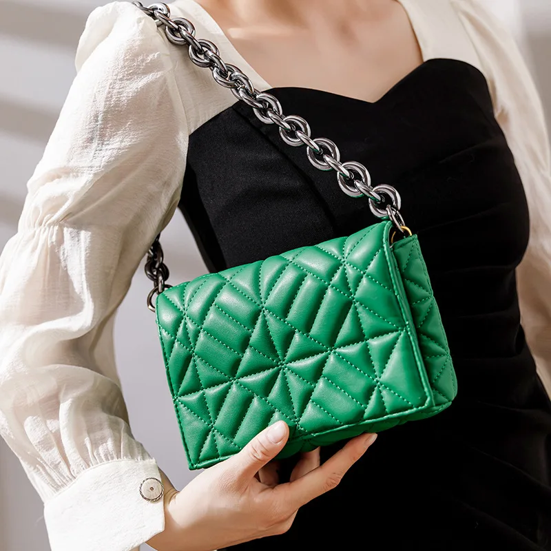 Design Casual Women Thick Chain Shoulder Bag Soft Pu Leather Purses Green Clutch Tote Bags for Women Clutch Bags Ladies Hand Bag