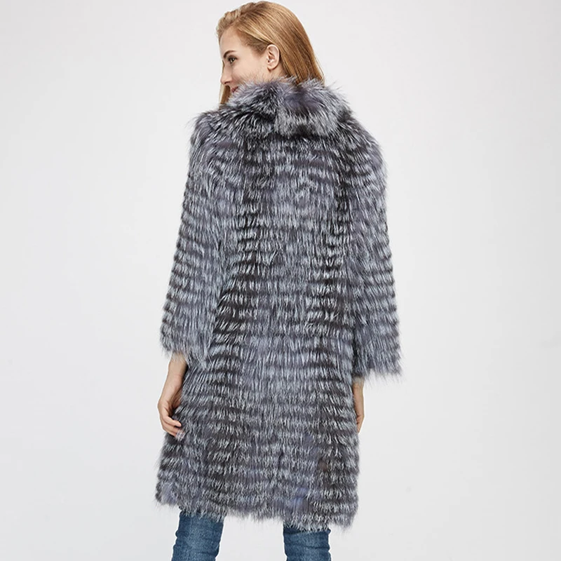 Women\'s winter fur coat is really silver fox fur long size