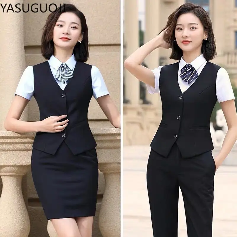 YASUGUOJI Elegant Fashion Women Vest Work Wear Slim V Neck Formal Office Ladies Elegant Interview Vest Coat Plus Size Uniforms