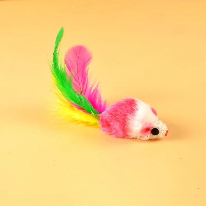 Cat Products Toys with Colorful Tail, Feathers, Mouse, Plush, 2 Inches