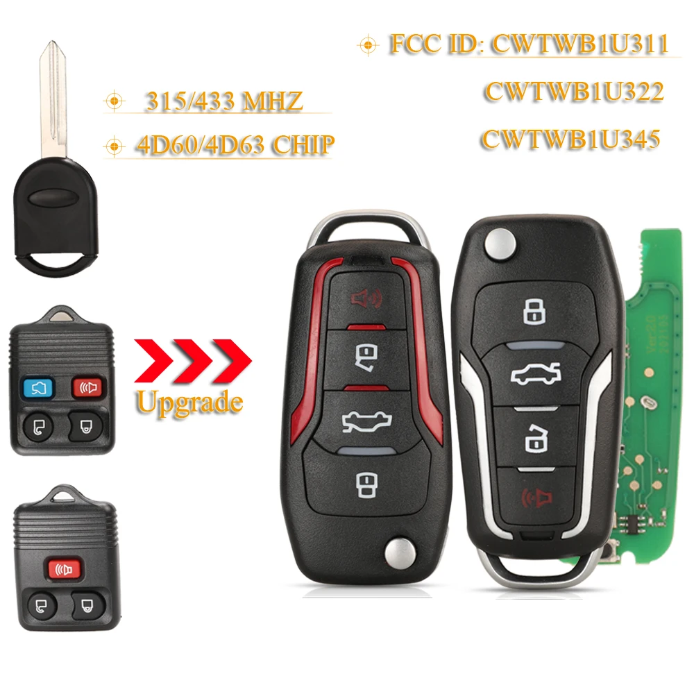 jingyuqin Modified Remote Car Flip Key 315/433Mhz For Ford F150 Explorer Focus Edge Escape Ranger Mustang Flex Mercury Lincoln