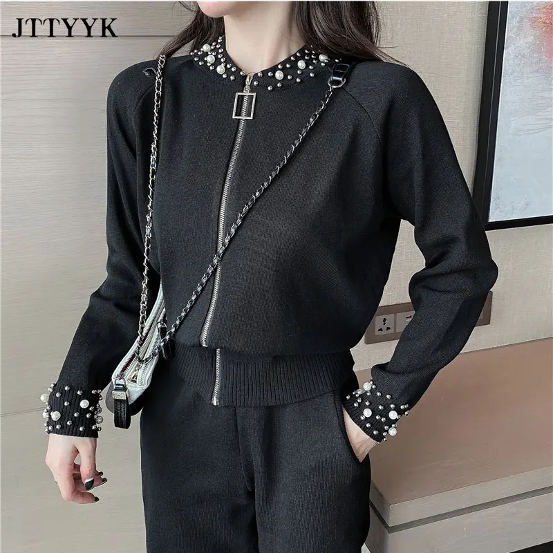 Women 2 Piece Spring Knitted Set Black Trouser Suits Beading Zipper Jacket + High Waist Pants Sports Suits Two-Piece Set Ladies