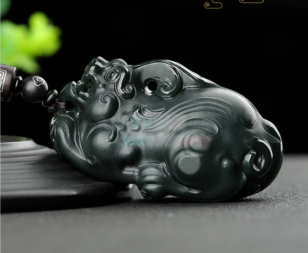 

Ancient China Carving Natural Hetian Qingyu Pixiu Handle Piece Overlord Jade Portable Pendant Taqing Jewelry