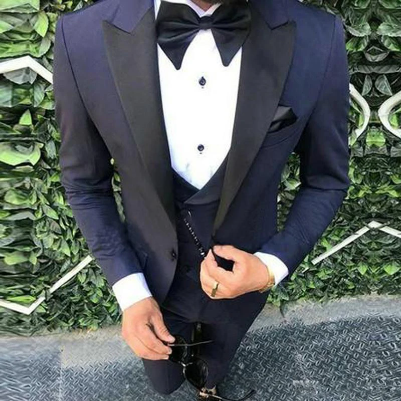 Navy Blue Mens 3 Pieces Wedding Suits Jacket+Pants+Vest Slim Fit Groom Tuxedo Groomsmen Party Suits Wedding Tuxedo for Man