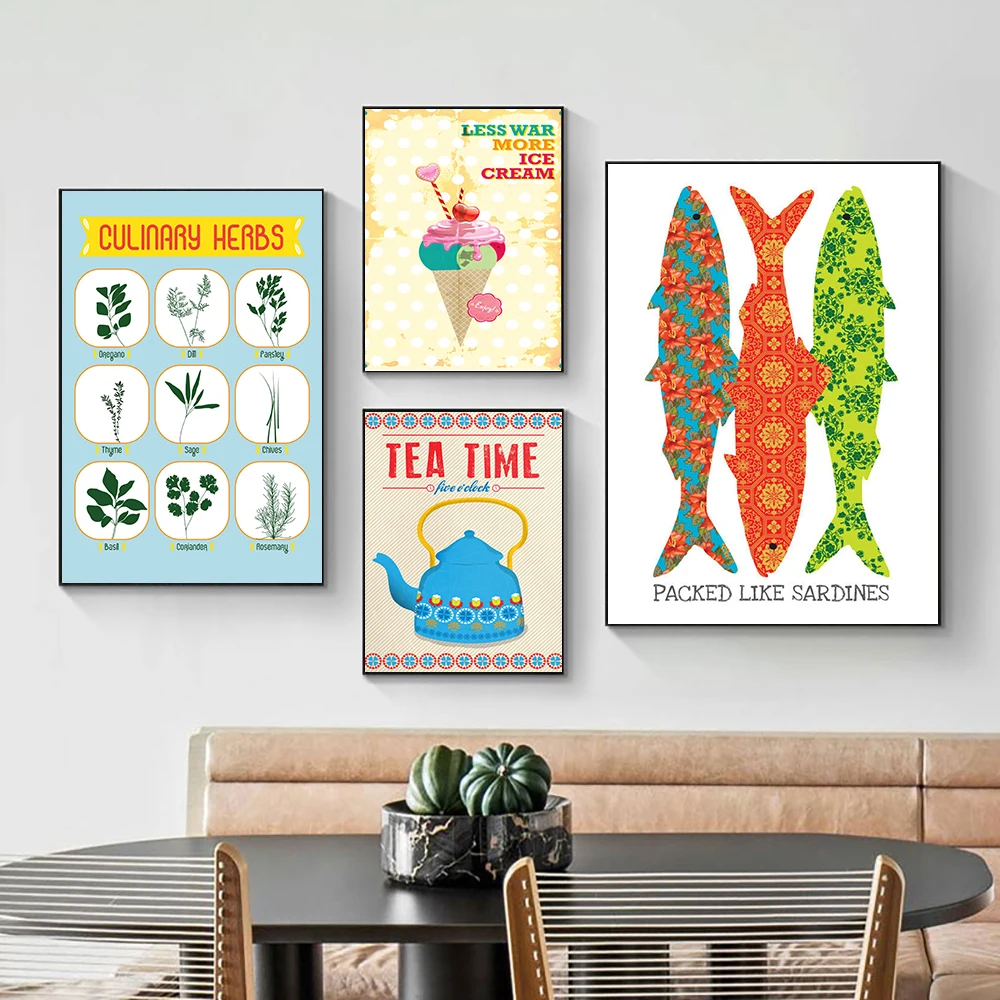 Retro Ice Cream Canvas Art Painting Modern kitchen Room Decor Posters And Prints Tea Time Fishes Foods Wall Pictures For Kids