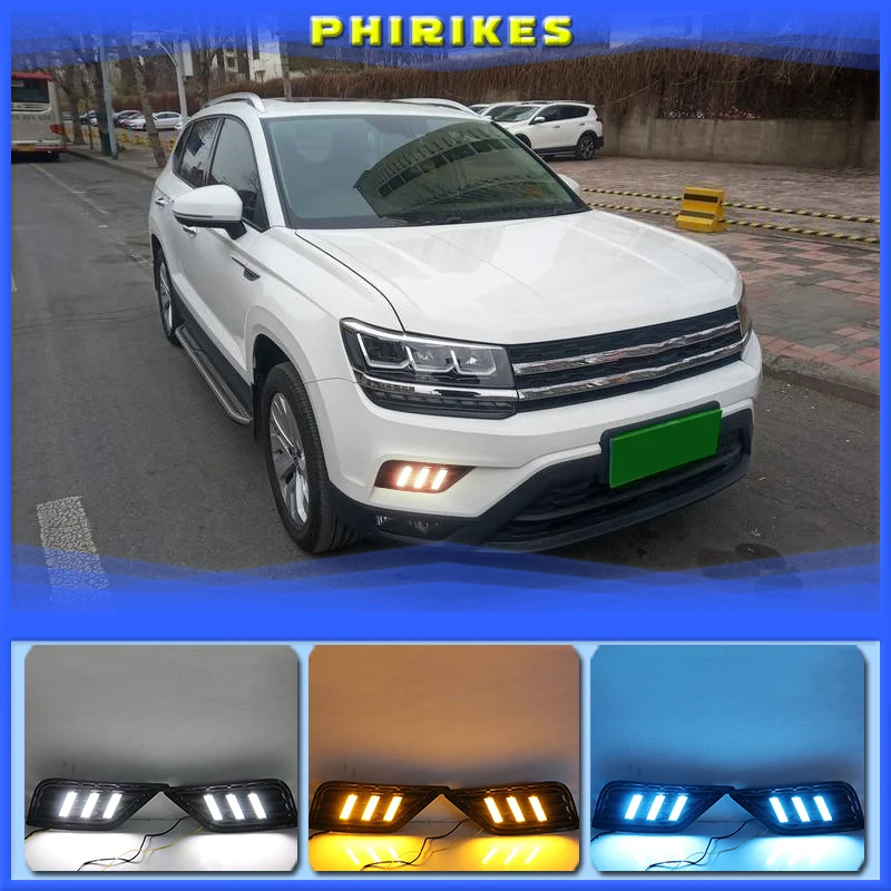 1Pair LED DRL Daytime Running Light Daylights For Volkswagen VW Tharu 2019 With Yellow Turn Signal Fog Lamp Cover night blue