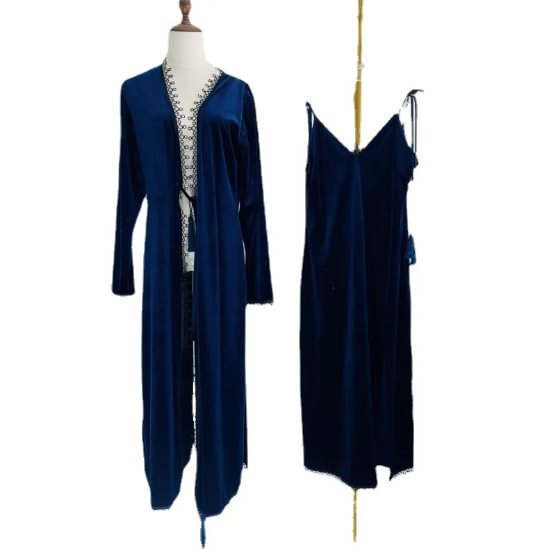 2PCS Kimono Robe Set  Women Autumn New Velour Bathrobe Gown Casual Sleepwear Lace Velvet Patchwork Home Clothing Nightgown