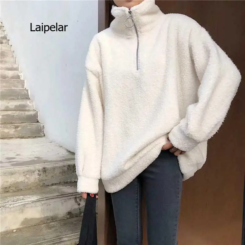 

Autumn Sweatshirt Fashion Women's Solid Plush Hoodies Casual Oversized Warm Pullovers Female Winter Loose Sweatshirt
