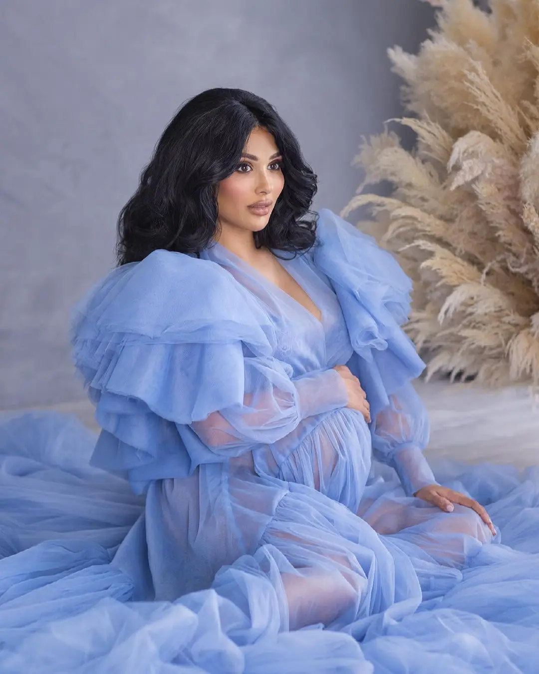 Luxury Customised Princess Maternity Dresses Blue Gown for Photoshoot Elegant Lingerie Floor Length Bathrobe Nightwear