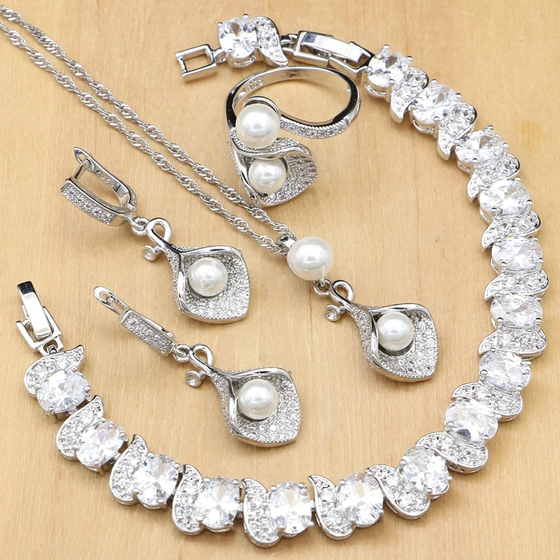 

Horn 925 Silver Bridal Jewelry Sets White Zircon Pearls Bead For Women Party Earrings With Stone Pendant/Necklace/Ring/Bracelet