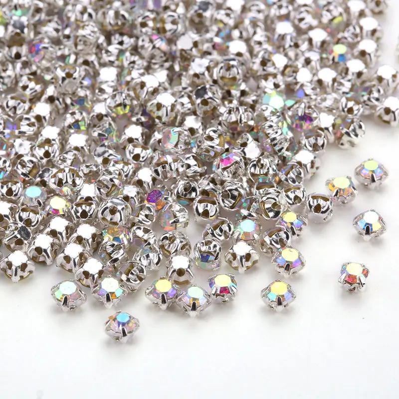 SS16 4mm 100pcs Silver Claw Base glass Crystal Glitter Rhinestone Sew On stones DIY Garments Clear Crystal AB beads