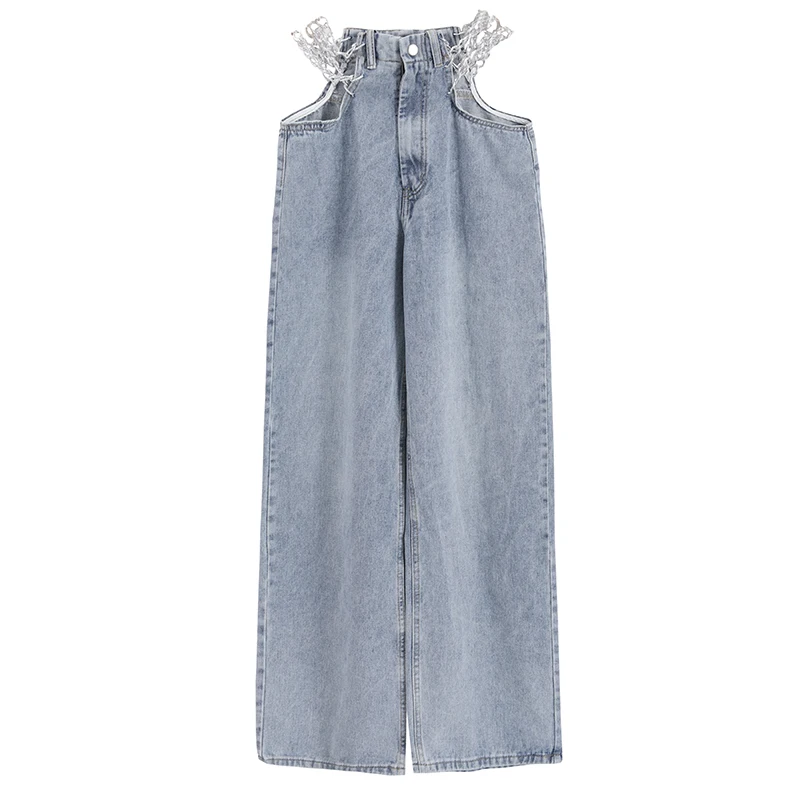 Women Casual Hollow Out Full Length Straight Jeans Female High Waist Chain Patchwork Denim Wide Leg Pant Fashion Clothes New