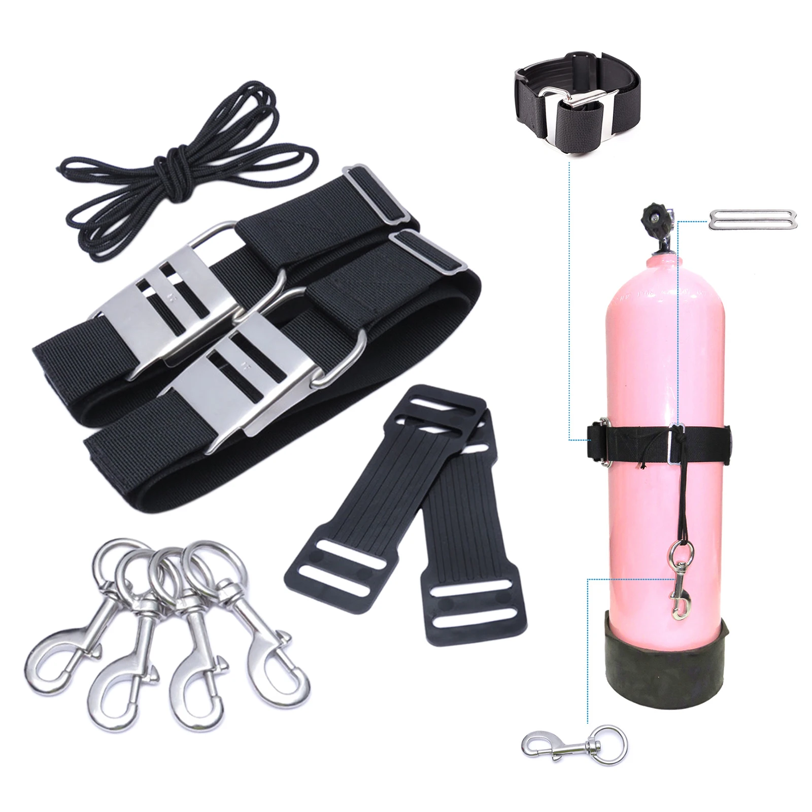 Heavy Duty Kit Twin Straps Diving Diver Cam Band with Buckle and 6.50 ft Technical Diving side mounted gas cylinder Nylon Rope