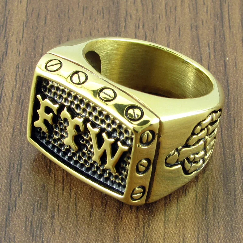 Punk stal nierdzewna 316L kolor srebrny czarny FTW środkowy palec mechaniczny śruba Motor Cycle Letter pierścień motocyklisty sport Rider Ring