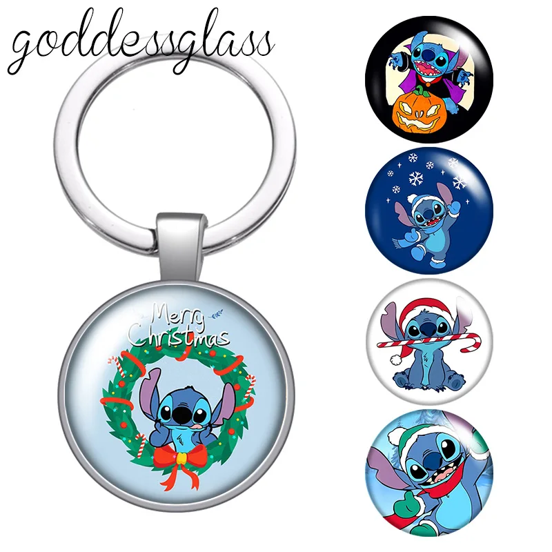 Disney Christmas Halloween Birthday Cute Stich Photo glass cabochon keychain Bag Car key chain Ring Holder Charms keychains gift