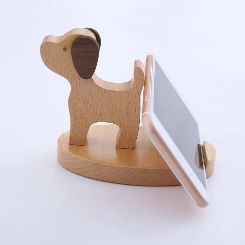 Cartoon Lovely Dog Cat Animal Design Solid Wood Natural Wooden Mobile Phone Holer for Iphone Android Smart Phones Pads Bracket