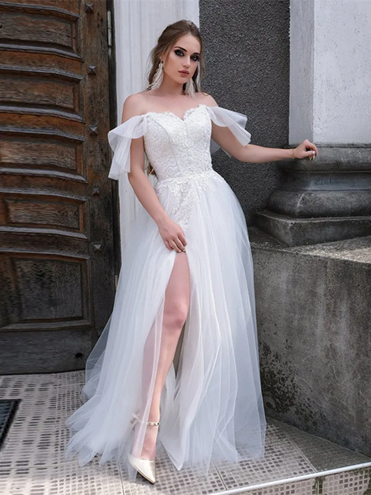 Sweetheart abito da sposa bianco Appliques di pizzo alto spaccato Organza Cap maniche abito da sposa lungo fino al pavimento Robe De Mariee nuovo arriva