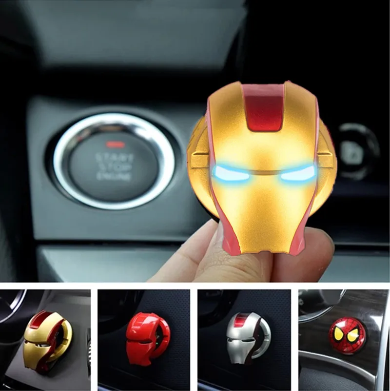 Disney Anime Figure Spiderman Iron Man Car Engine Ignition Start Switch Button Cover Trim Stickers Toys doll Christmas gift