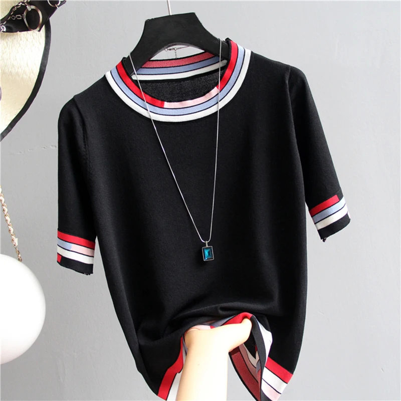 

Poleras Mujer 2022 New Striped Thin Ladies Tops Summer T Shirt Women Knit T-Shirt Female Short Sleeve Fashion Womens Clothing