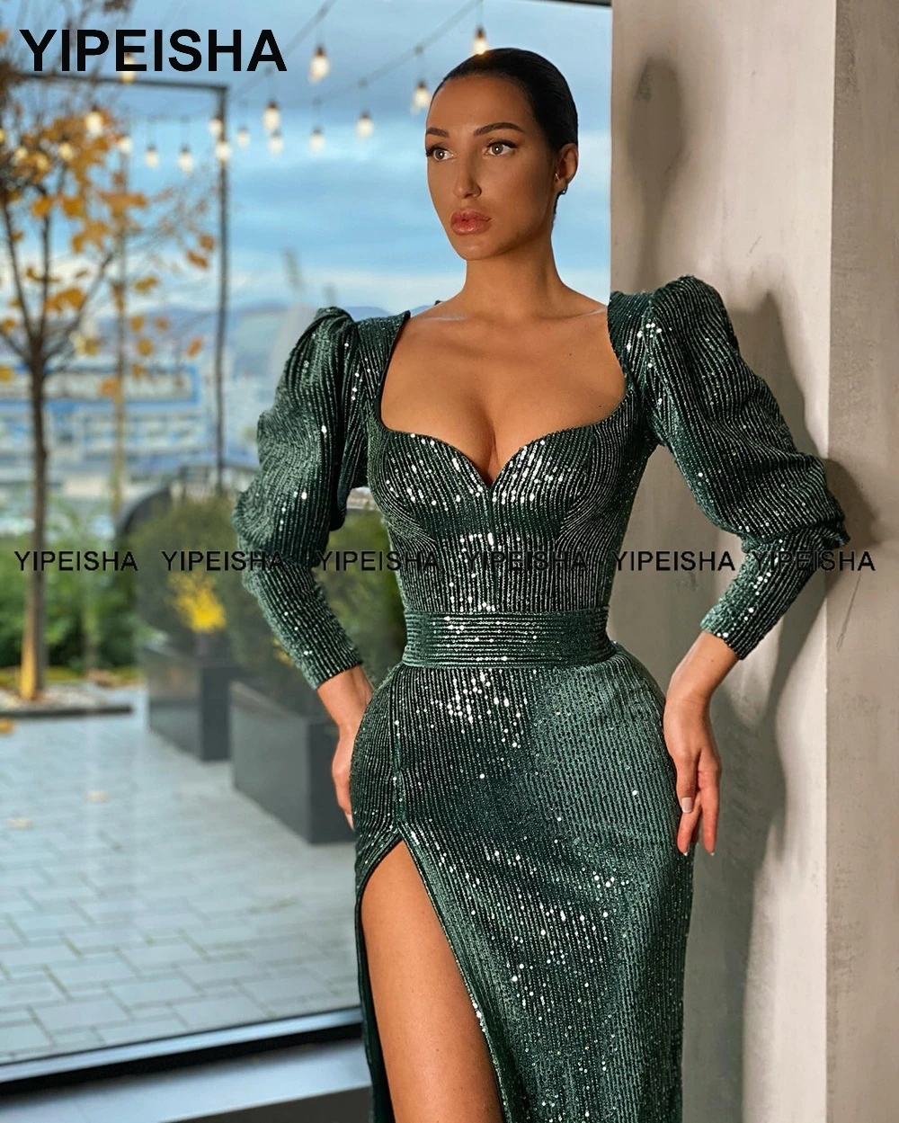 Yipeisha Long Sleeves Sequin Prom Dress Green Mermaid Evening Gown with Split Sexy Formal Wedding Party Dress Vestido de Festa