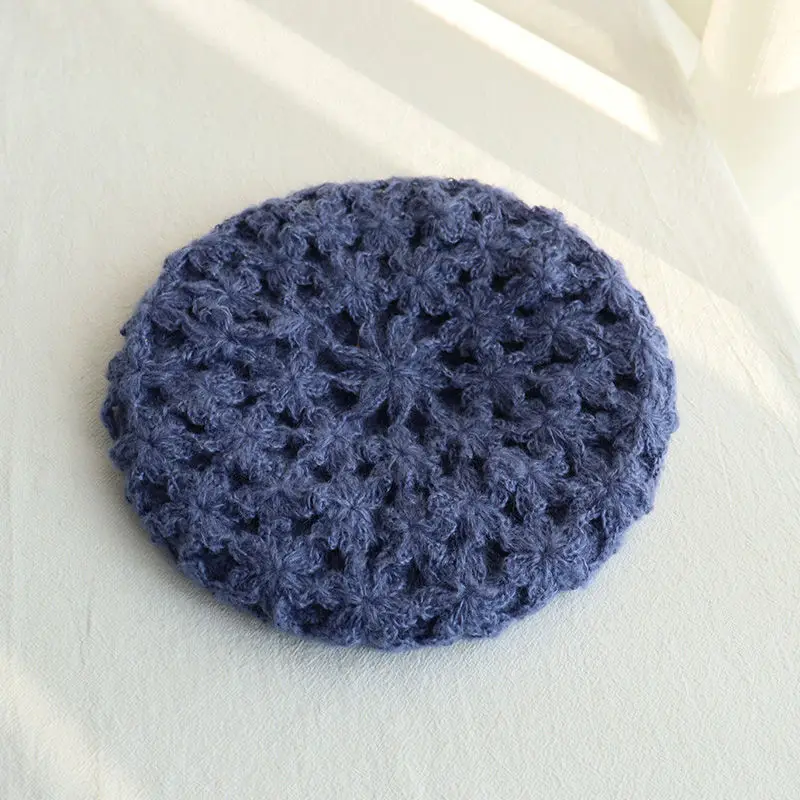 Handmade soft hallow out design beret cap for women Winter warm mohair artist knitted hat crochet gorros