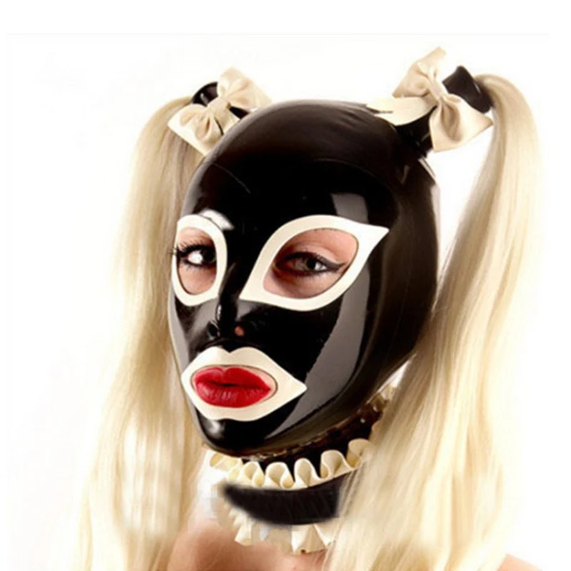 

2019 new arrival sexy exotic lingerie black latex rubber purfle mask hoods hood with wig and lacing neck collar with bows