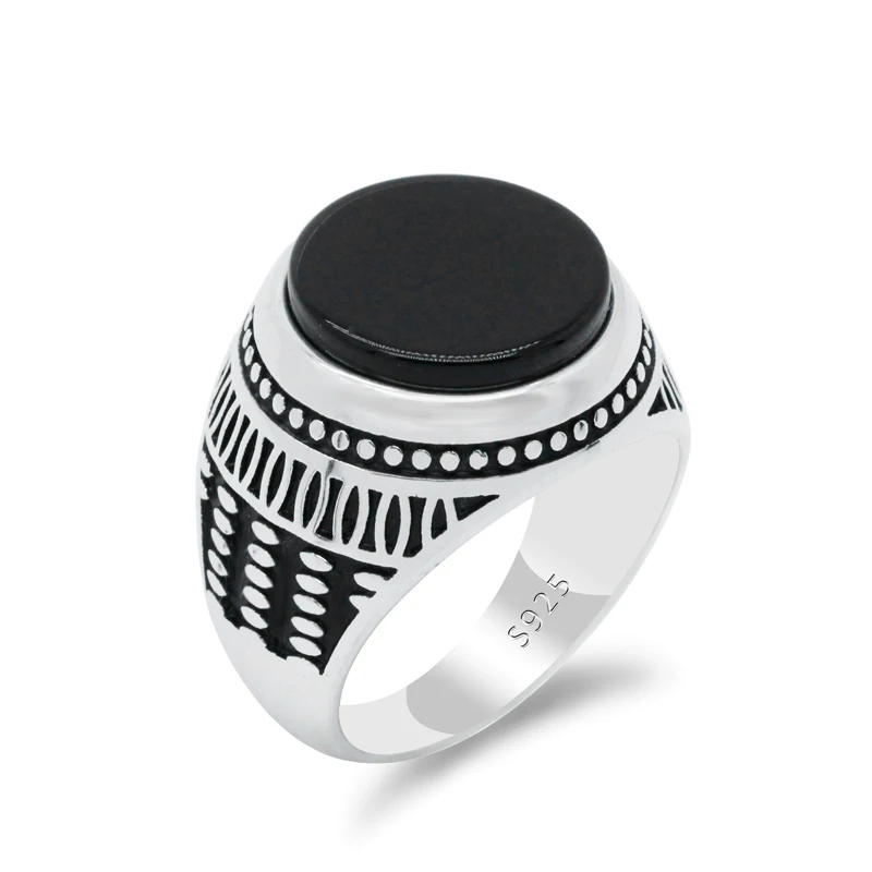 

Black Agate Stone Real 925 Sterling Silver Male Ring Wedding Jewelry Ring Turkish Thai Silver Ring Lantern Spot Fashion Ring