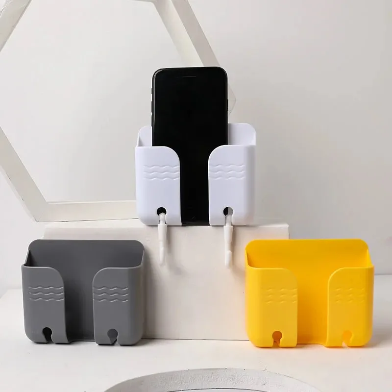 1pc Wall Mounted Mobile Phone Charging Organizer Remote Control Storage Box Multifunction Stand Rack Phone Plug Wall Holder