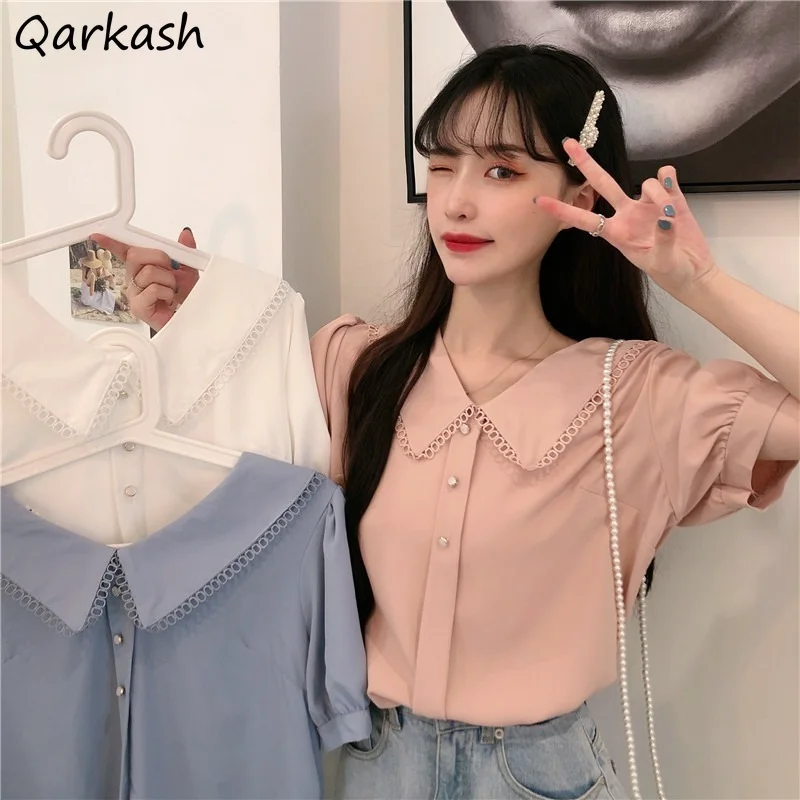 

Puff Sleeve Blouses Women White Peter Pan Collar Summer Female Loose Casual Sweet Cute Tops Harajuku Solid Chic Temperament New