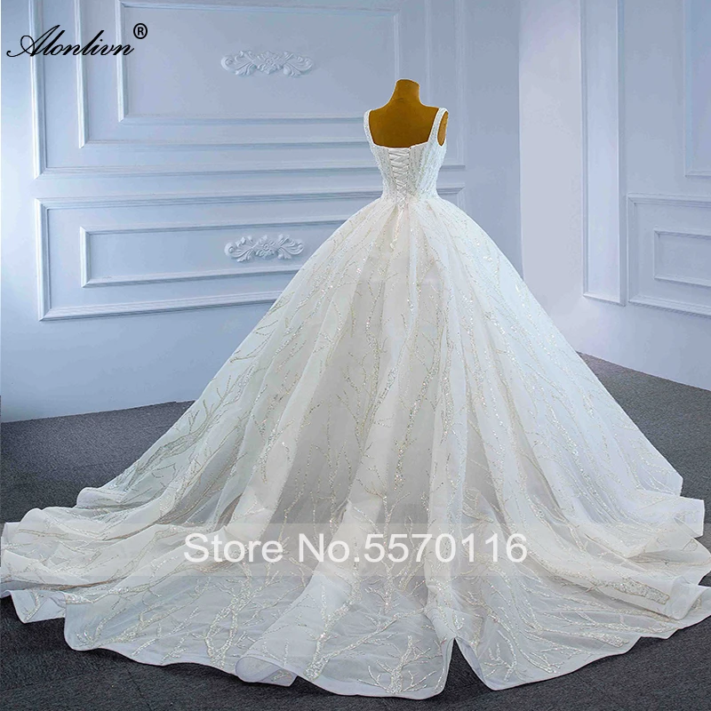 Alonlivn Luxury Unique Sequined Lace Ball Gown Wedding Dresses Sleeveless Lace Up Spaghetti Straps Bridal Gowns