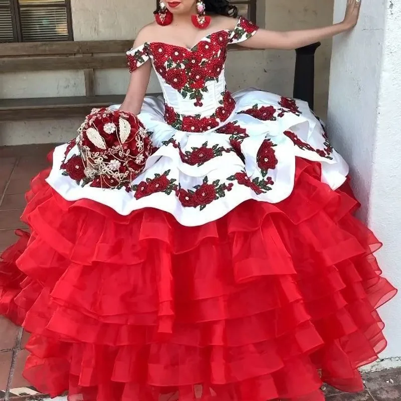 

Многоярусная юбка, платья xv лет, белые и красные платья для Quinceanera, бальное платье с аппликацией и бисером, милое платье 16, платье для дебютанта