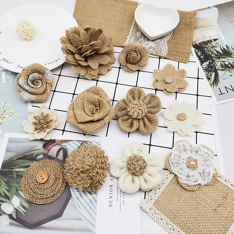 Natural Jute Burlap Ribbon flower Shoes flower hat flower Diy Wedding Christmas Decoration Accessories Festival Party Crafts