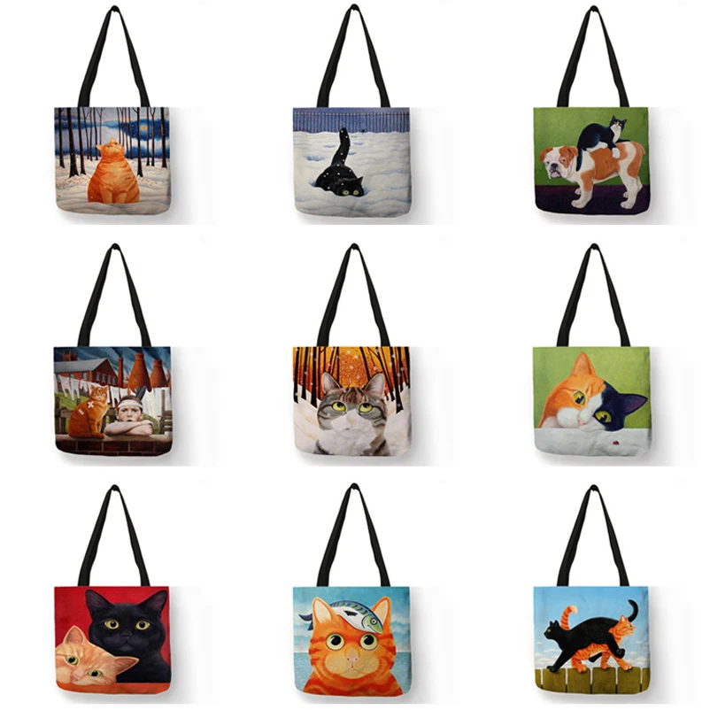 Eco Reusable Shopping Bag Cat Art Oil Painting Print Totes Ladies Shoulder Bags Linen Fabric Outdoor Beach Bag Casual Handbag