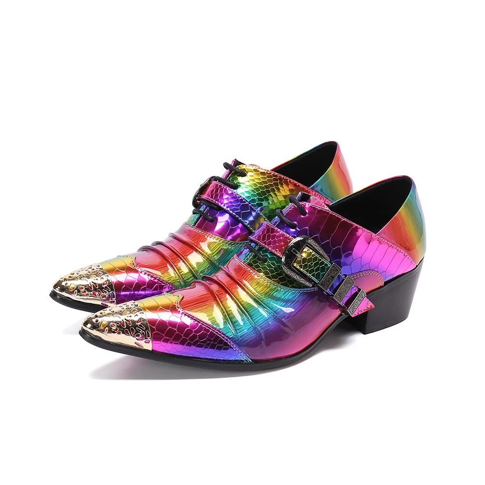 2026 Italian Mens Shoes High Heels Genuine Leather Rainbow Color Snake Skin Print Formal Wedding Dress Sapato Social Masculino