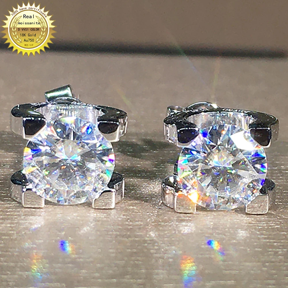 

18K Au 750 White Gold Stud Earrings 0.5 1 2 3 Carat DVVS Round Moissanite Diamond Present Wedding Anniversary Engagement Party